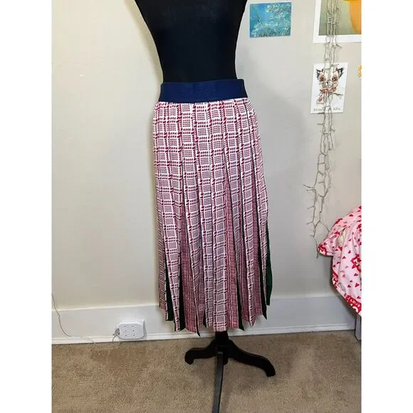 Women's Pleated Midi Skirt Size Large, Green, Red - Picture 2 of 7